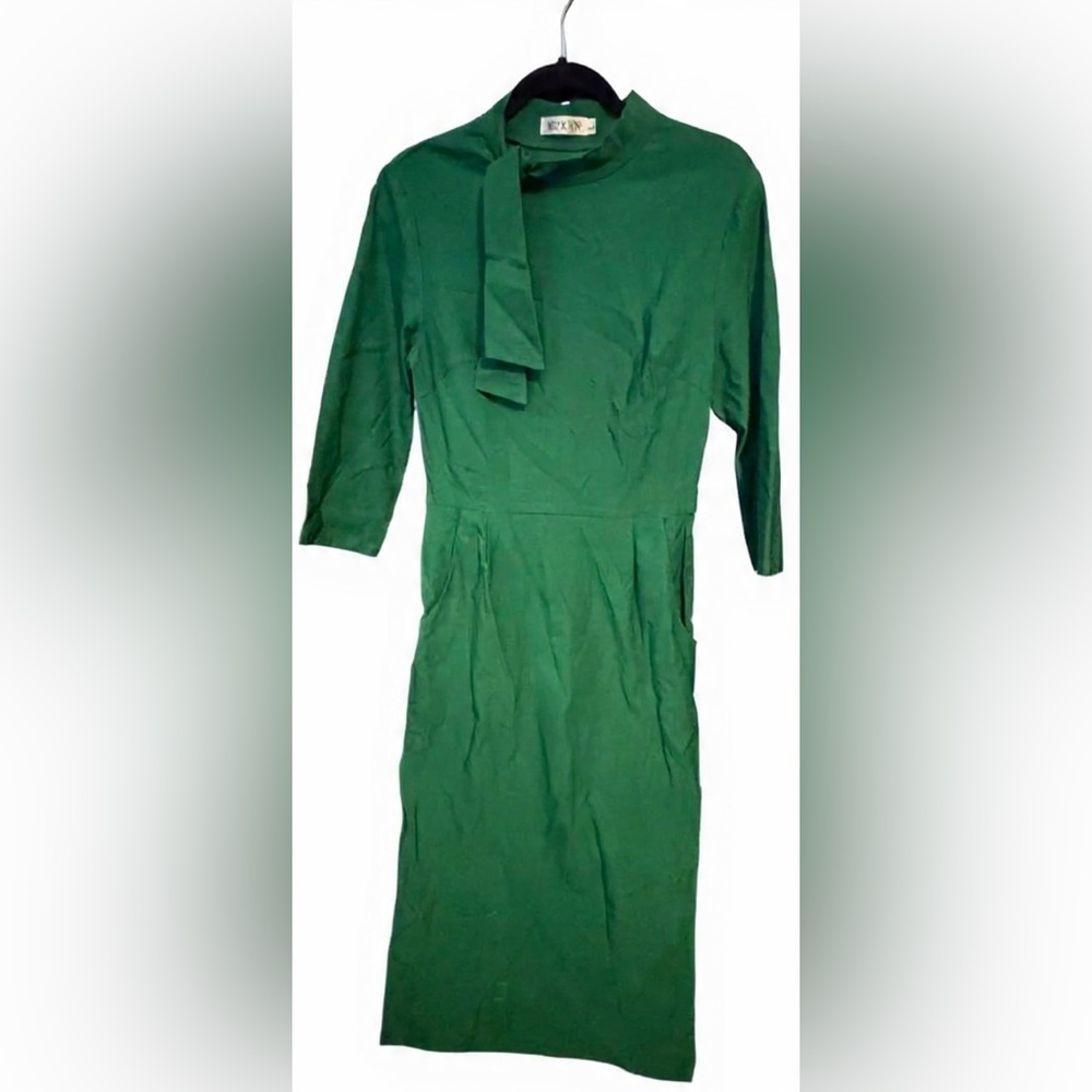 MUXXN- Retro Pencil Cocktail 3/4 Sleeve Tie Neck Bodycon Dress- Large